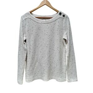LOFT Women's Cream & Black Striped Long‎ Sleeve Button Shoulder Top